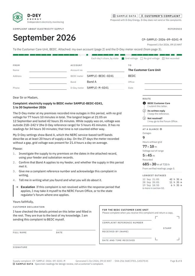 Sample Complaint document, page one: a complaint letter to the DisCo's Customer Care with a summary of outages from the meter readings.